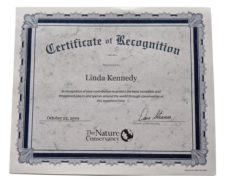 Certificate of Award from Nature Conservancy