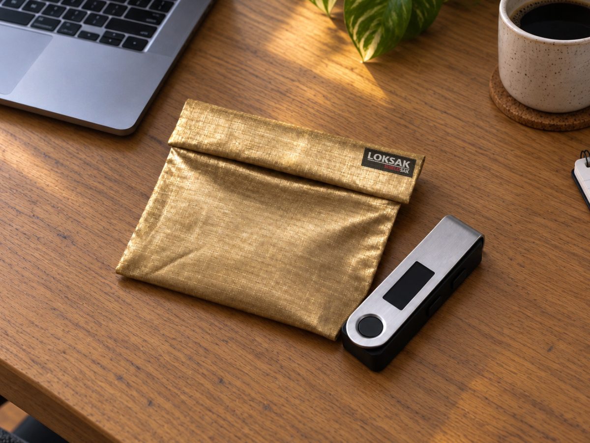 Faraday bag for crypto wallets: SHIELDSAK pouch next to a stick-style hardware wallet